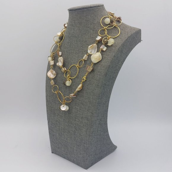 Necklace Gold Toned Ring Links Mother of Pearl Brass Beads Earth Tones Shell Lon - Picture 2 of 7